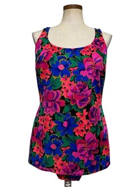 Vintage American Beach Neon Floral One Piece Skirted Swimsuit Pin Up